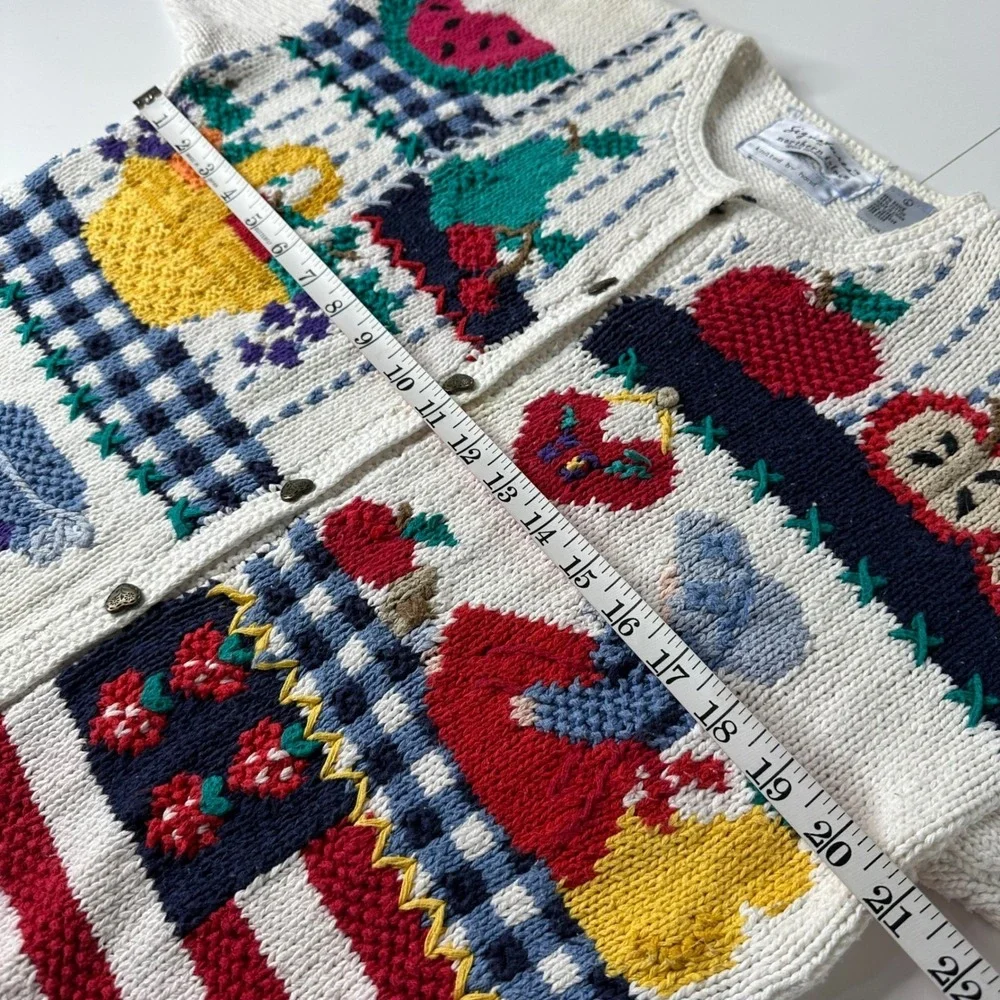 Signatures Northern Isles Hand Knit‎ Sweater White Fruit Americana Vtg 90s Sz L